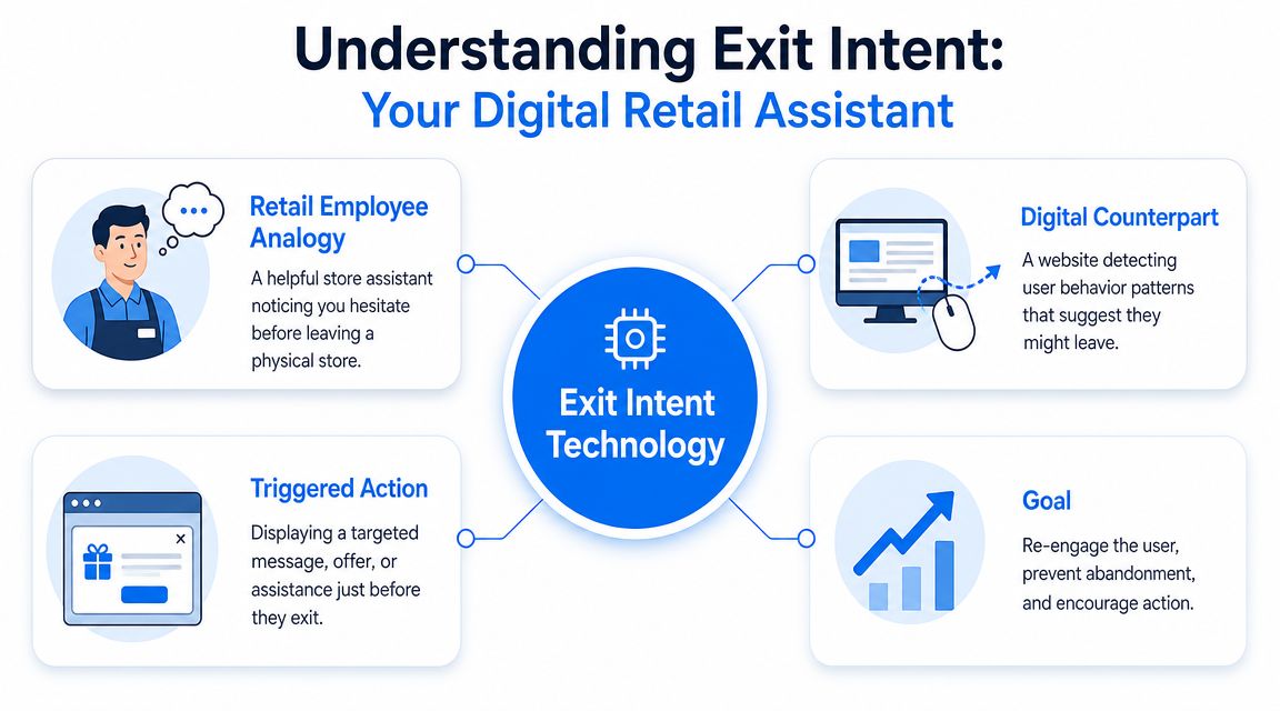 An infographic explaining exit intent technology, showing a retail analogy, digital behavior, triggered actions, and goals.