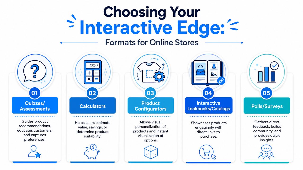 An infographic listing five types of interactive content formats used to improve engagement for online retail stores.