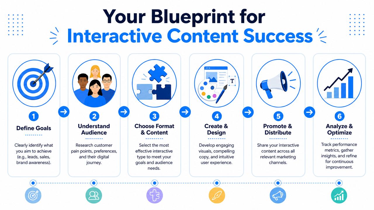 A six-step blueprint infographic illustrating the strategic process for achieving success with interactive content marketing campaigns.