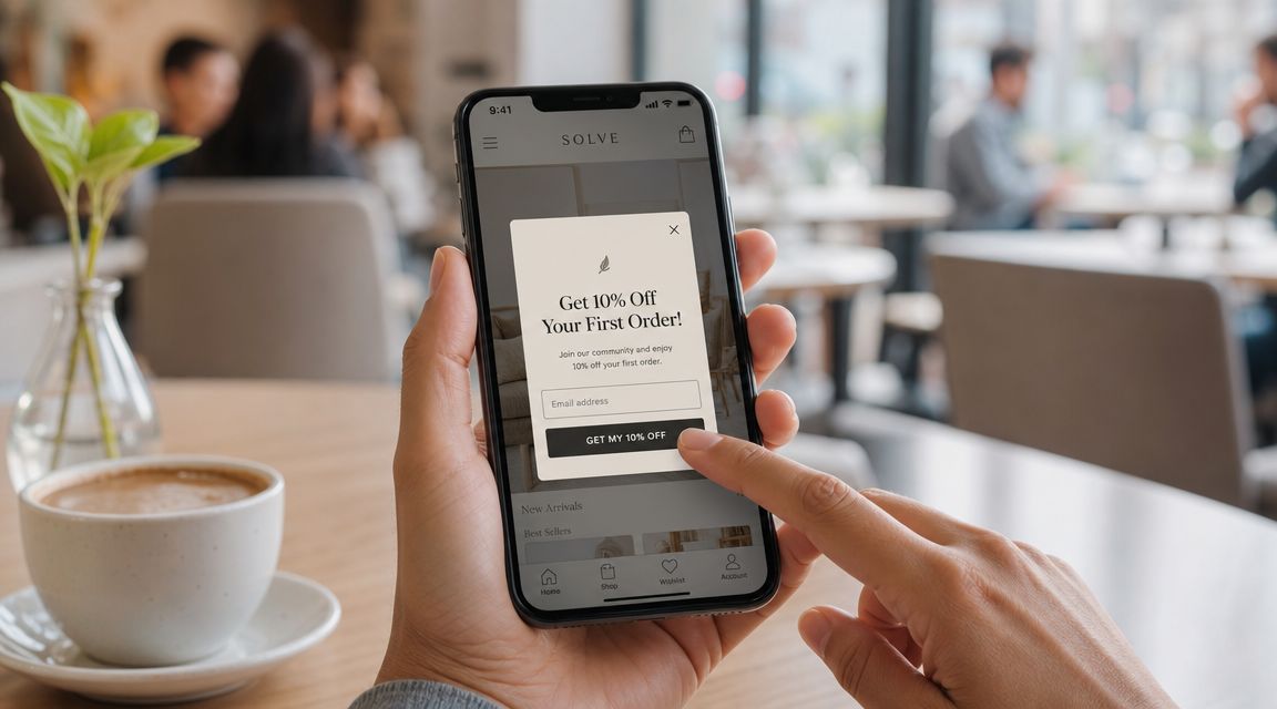 A person using a smartphone at a cafe to sign up for a 10% discount on an app.