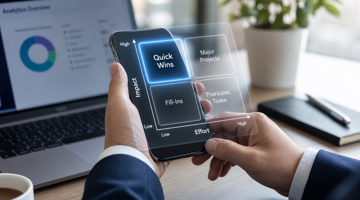 A professional holding a smartphone displaying an interactive priority matrix for task management and project planning.