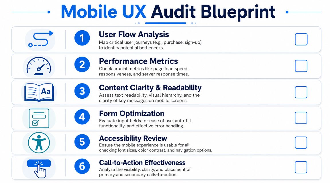 A checklist for a mobile UX audit containing six steps including user flow, performance, and accessibility.