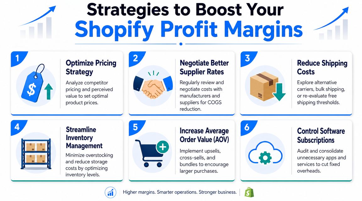 A professional infographic outlining six effective strategies to boost profit margins for a Shopify business.