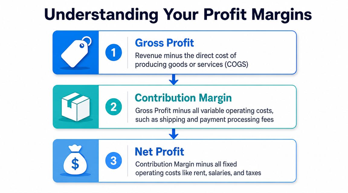A flowchart showing how to calculate gross profit, contribution margin, and net profit for a business.