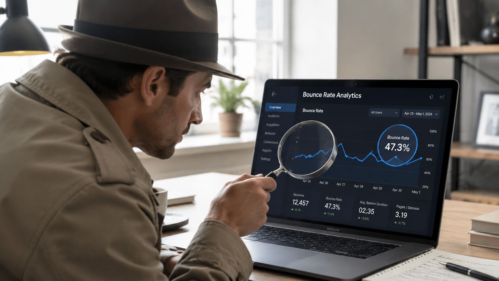 A man in a fedora examines bounce rate analytics displayed on a laptop screen using a magnifying glass.