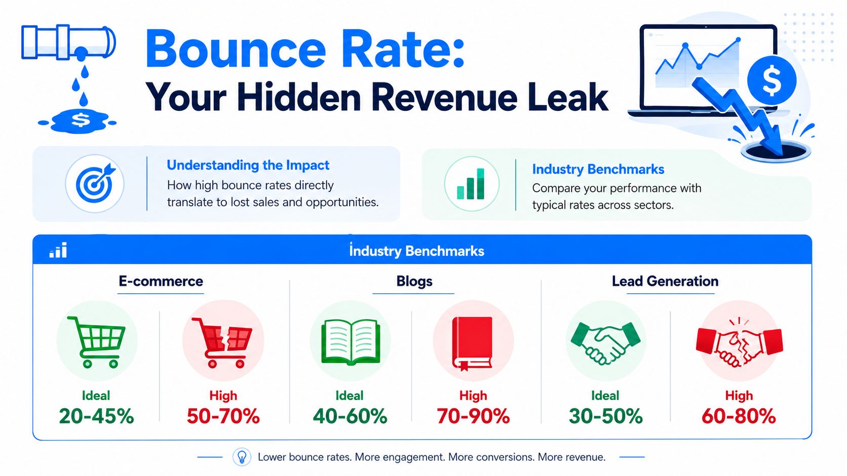 An infographic illustrating how high website bounce rates act as a hidden leak for lost revenue and sales.