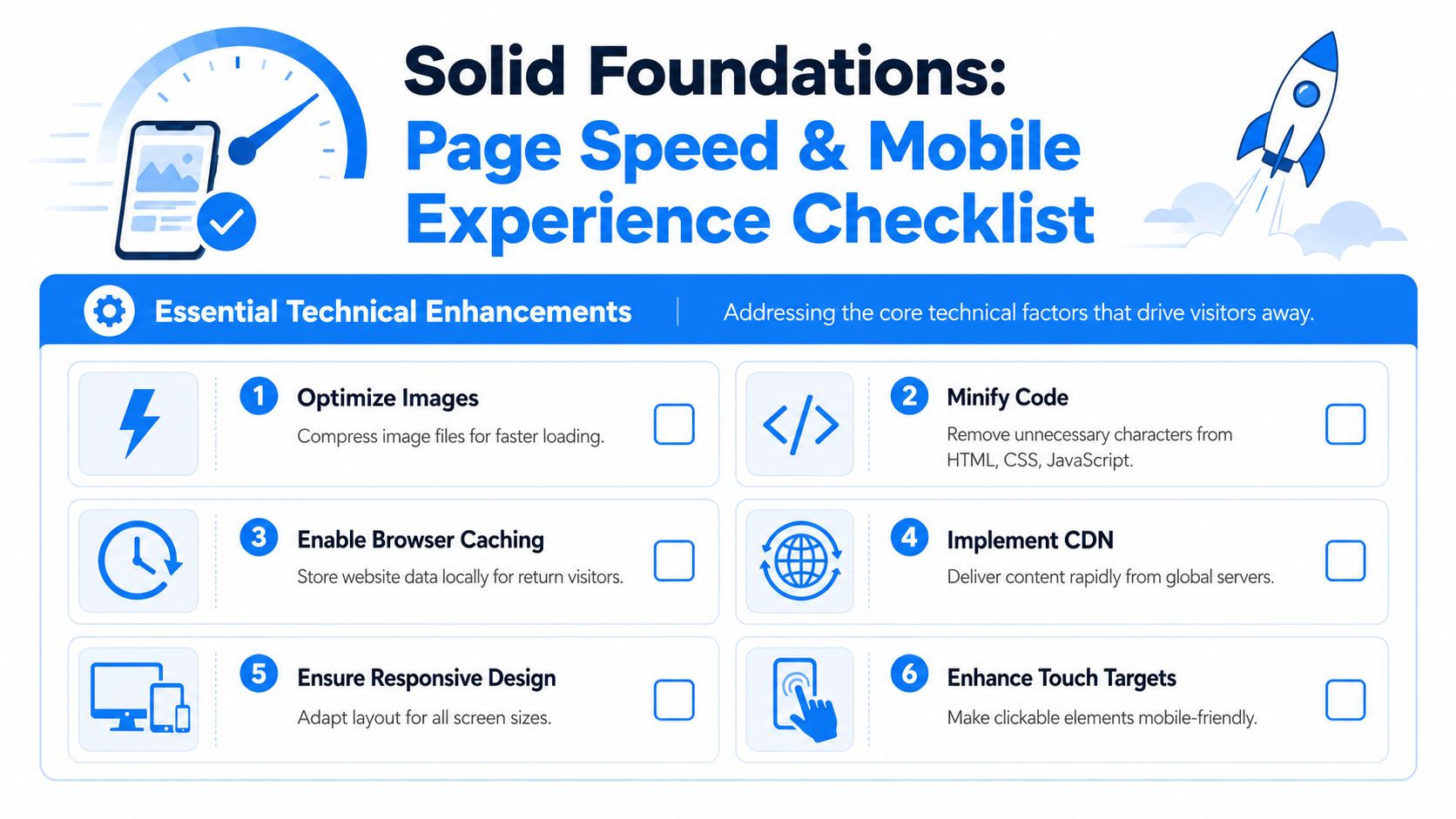 An infographic checklist for improving website page speed and mobile user experience for better performance.