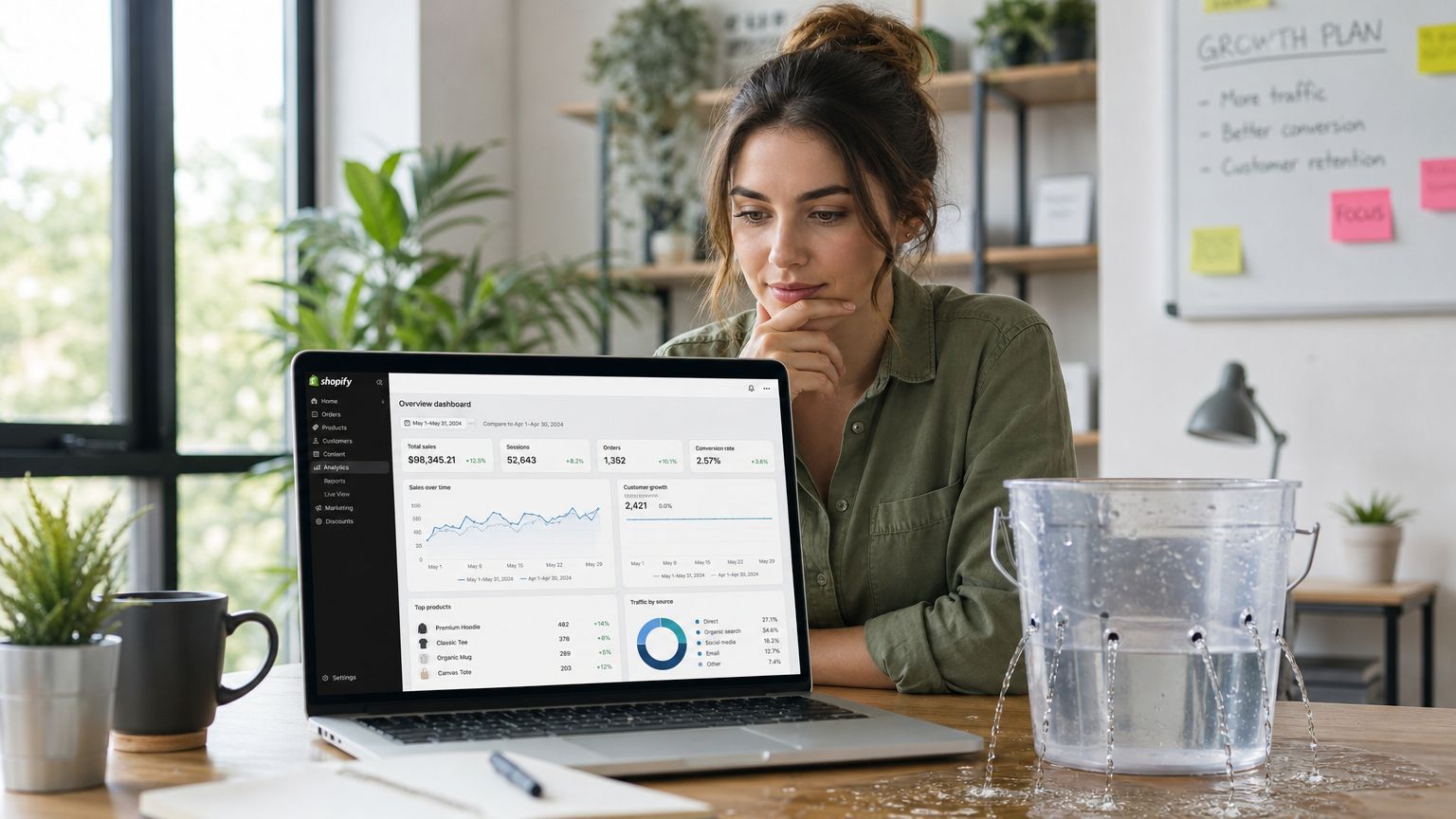 A businesswoman looking at her Shopify analytics dashboard while a leaking bucket sits on her desk.
