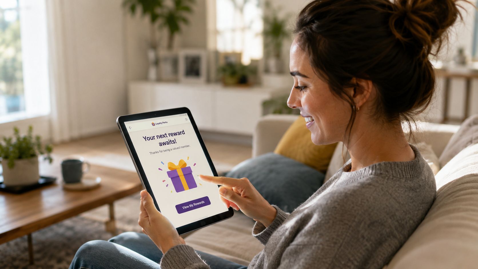 A happy woman sitting on a couch interacting with a loyalty rewards program on her tablet screen.