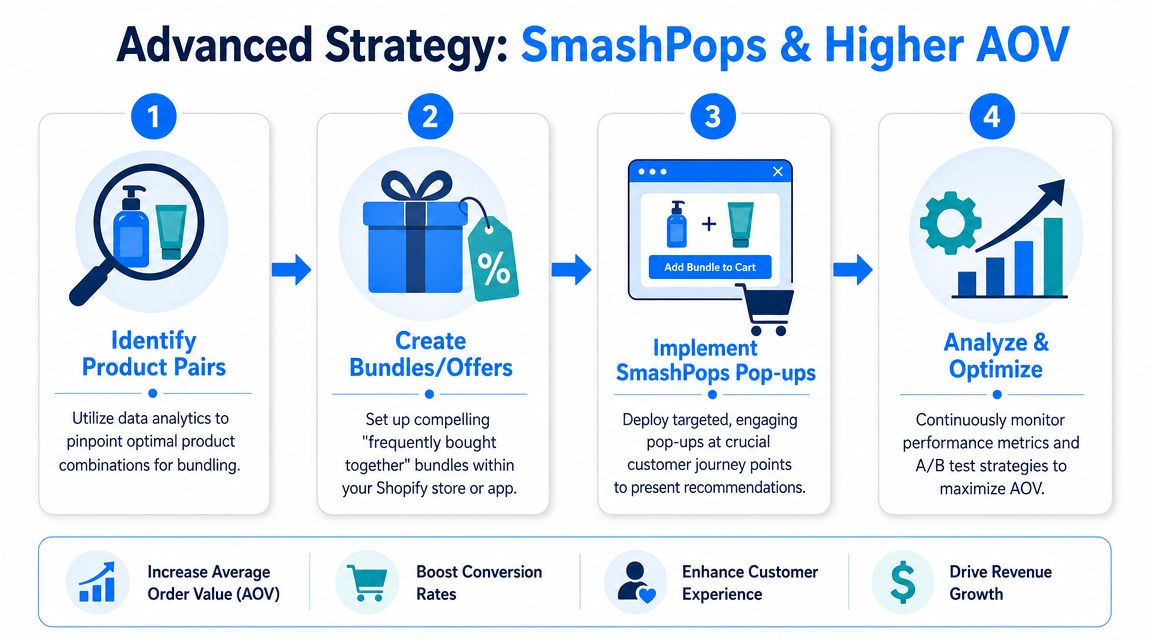 A four-step infographic explaining how to use product bundling and pop-ups to increase average order value.