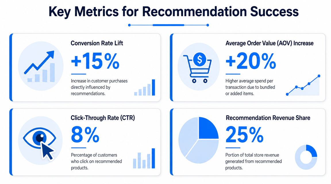 An infographic displaying four key metrics for measuring the success of product recommendation strategies in e-commerce.