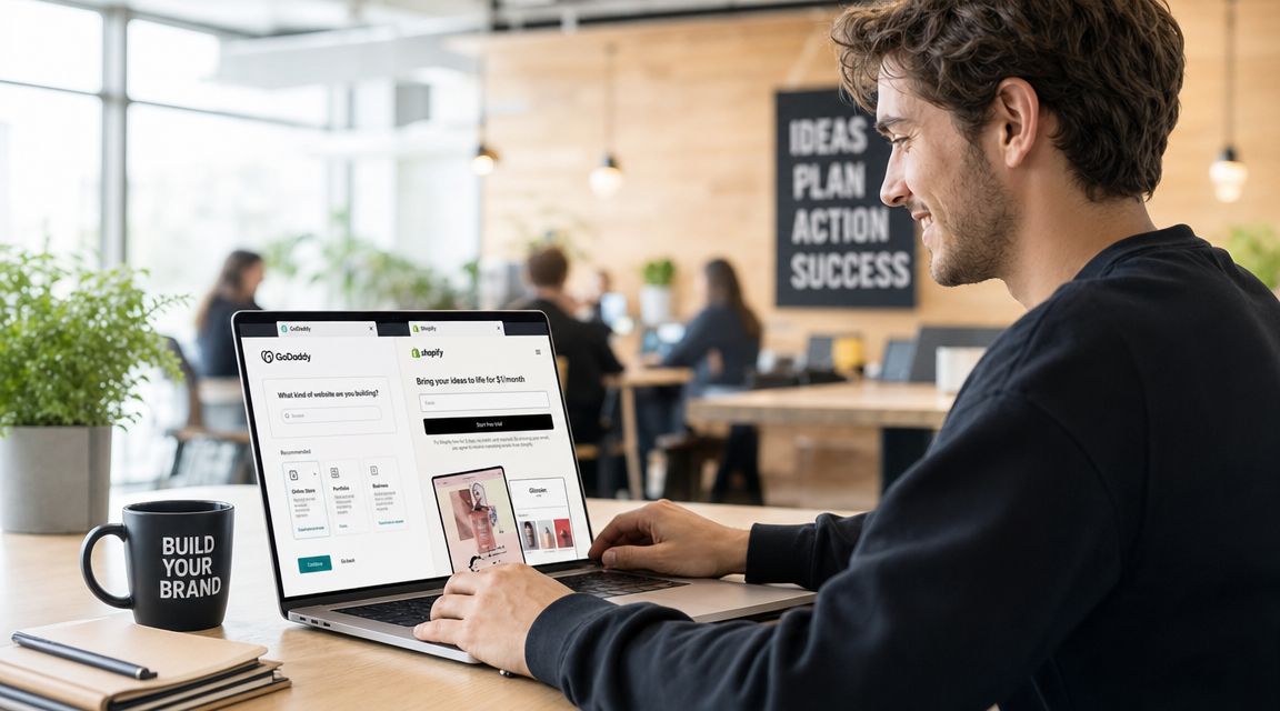 A young man sitting at a wooden desk working on a laptop comparing website builders like GoDaddy and Shopify.