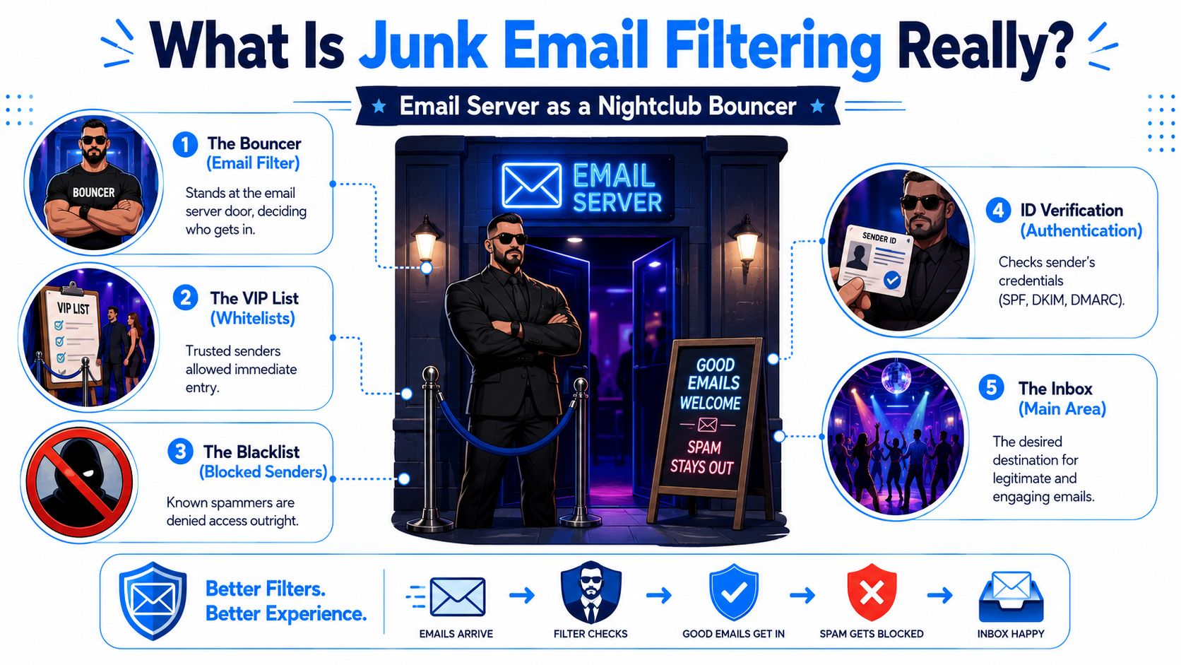 An infographic showing how email servers act like nightclub bouncers to filter junk mail from inboxes.