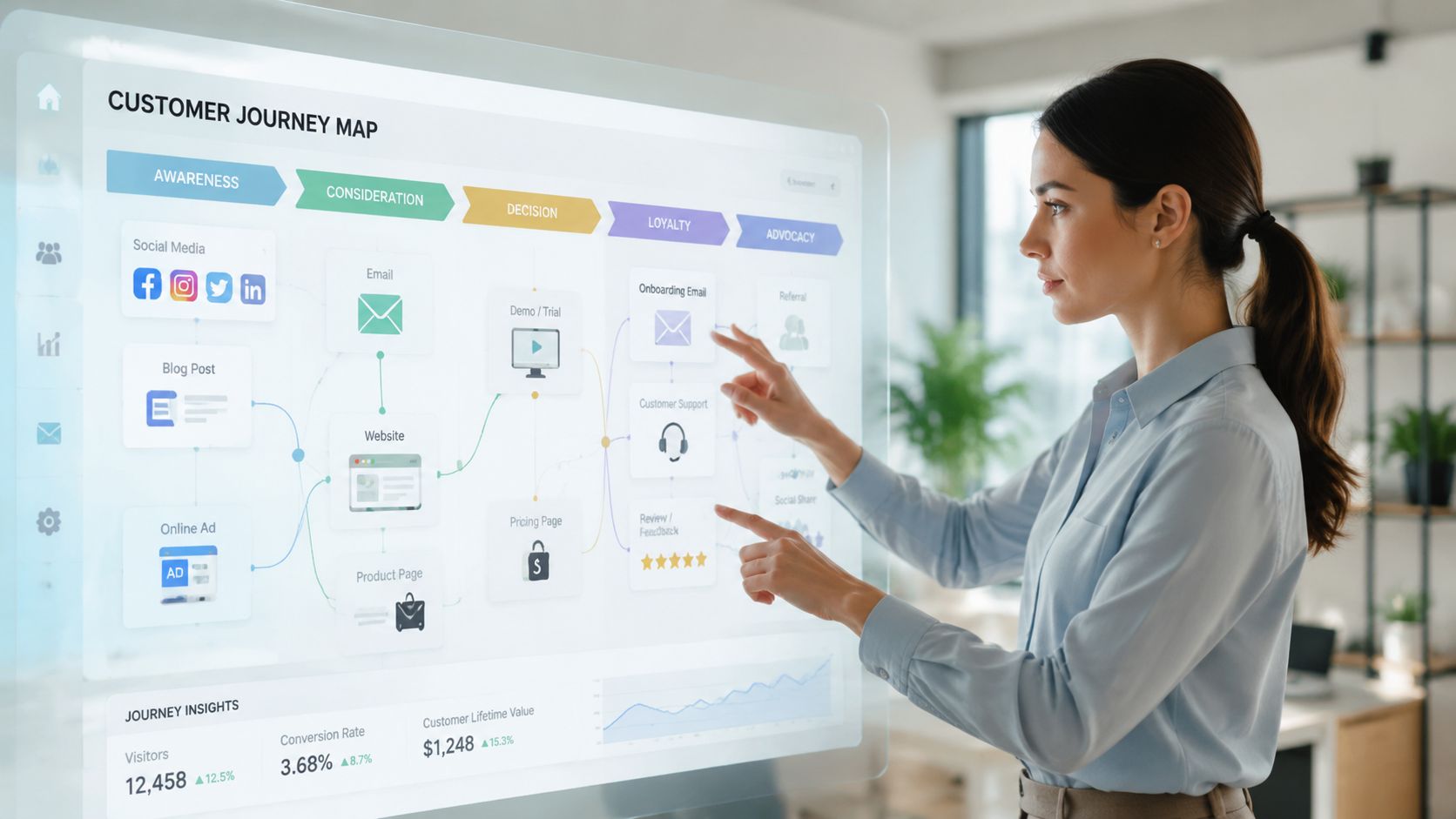 A professional woman interacting with a digital interface displaying a customer journey map for marketing strategy analysis.