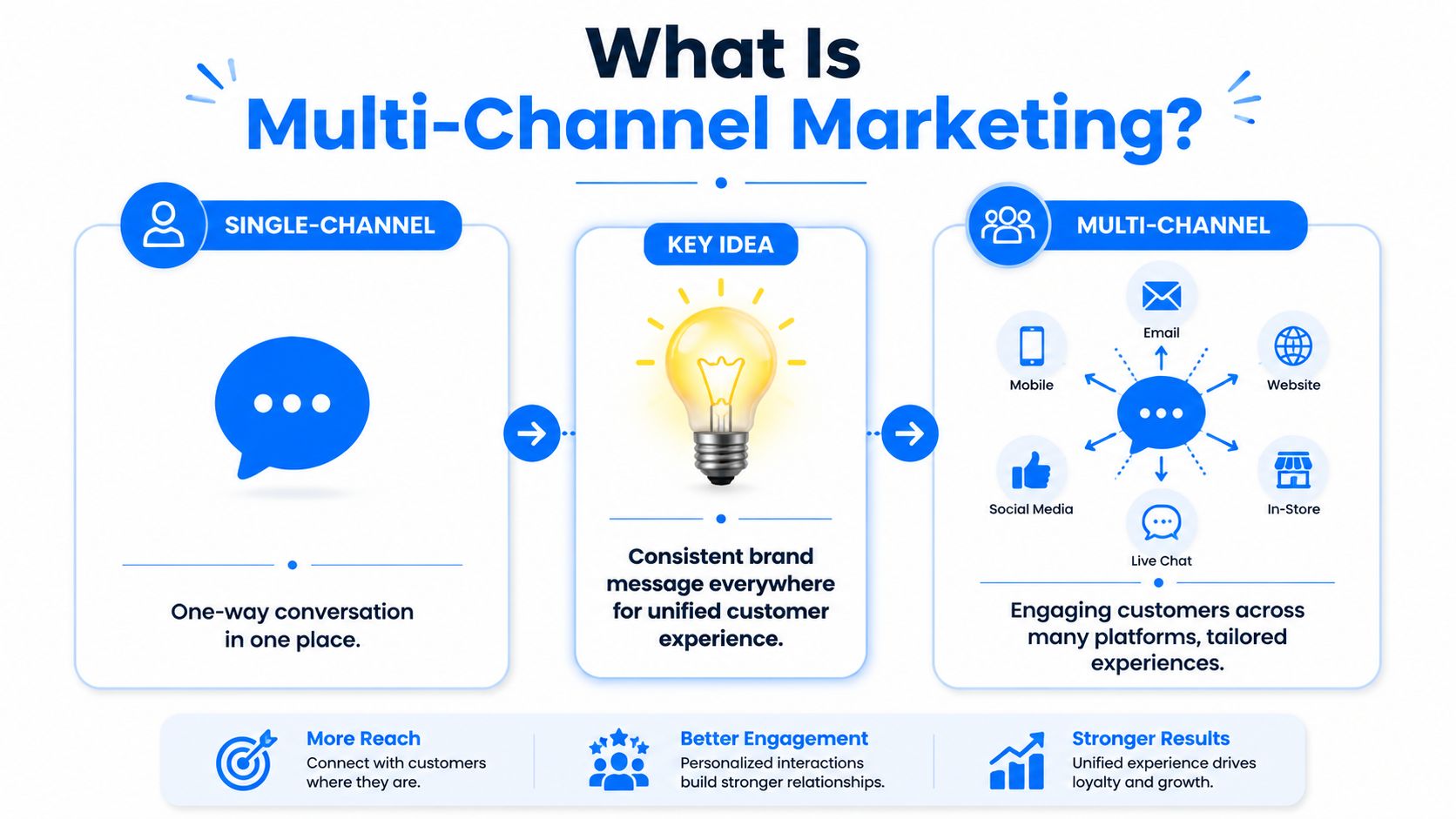 An infographic comparing single-channel and multi-channel marketing approaches to emphasize a unified customer experience.