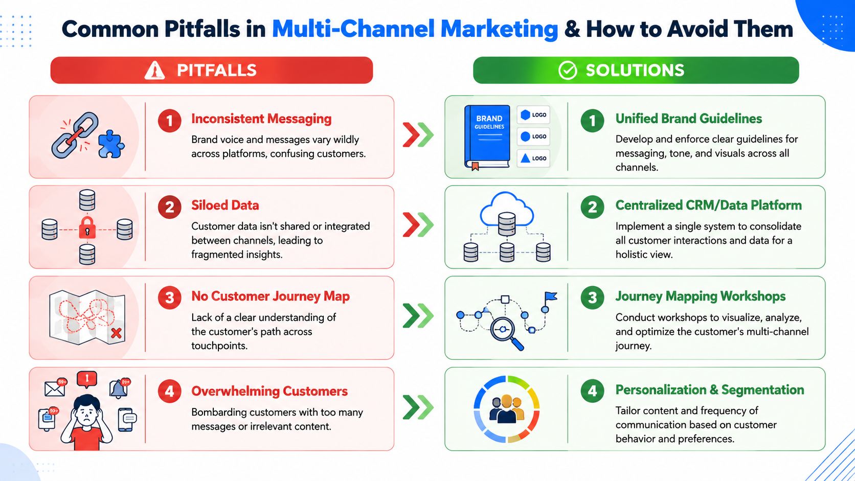 An infographic showing four common multi-channel marketing pitfalls alongside their corresponding professional solutions for improved strategy.