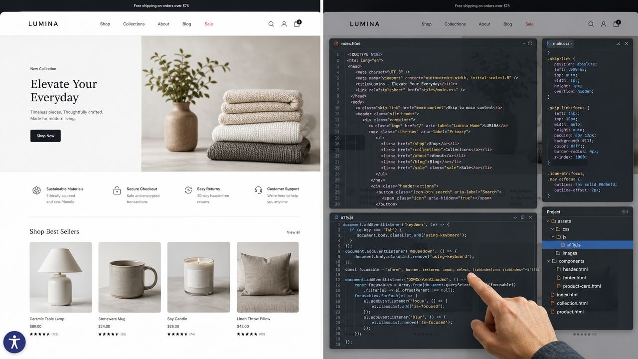 A web developer hands-on editing source code for a Shopify store accessibility project on a computer screen.