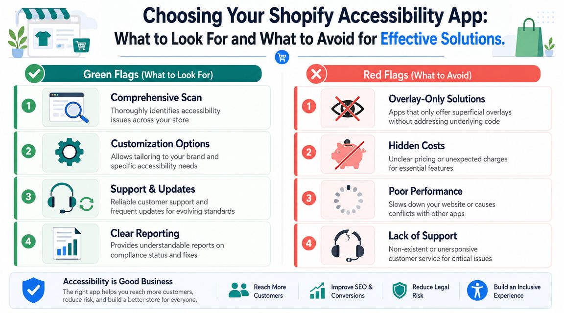 An infographic comparing green flags and red flags when choosing a Shopify accessibility app for websites.
