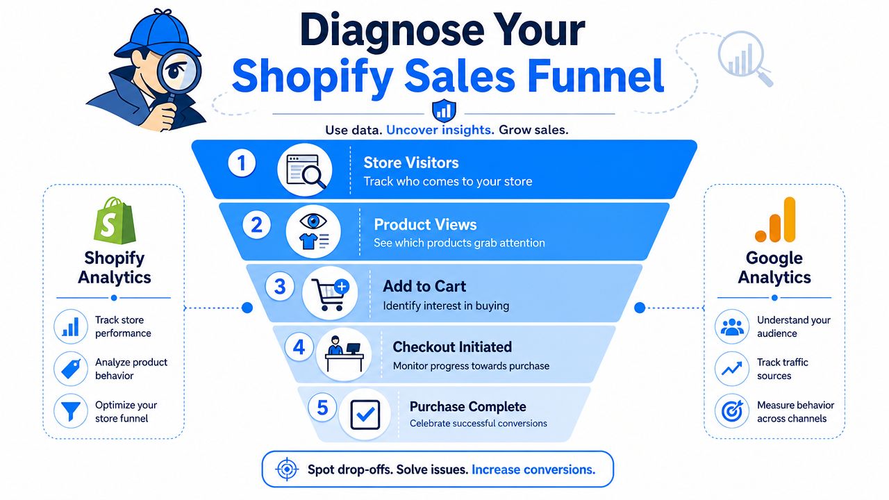 A diagnostic infographic illustrating the five stages of a Shopify sales funnel from visitors to completed purchases.