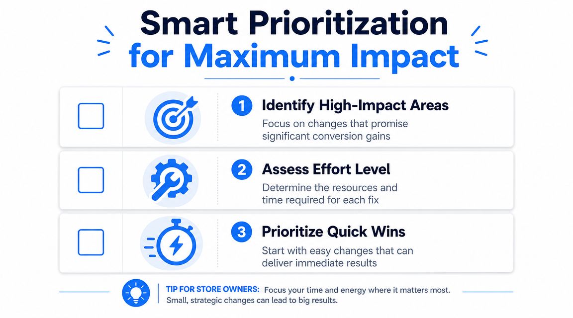 An infographic illustrating three smart steps for business prioritization to achieve maximum conversion impact.