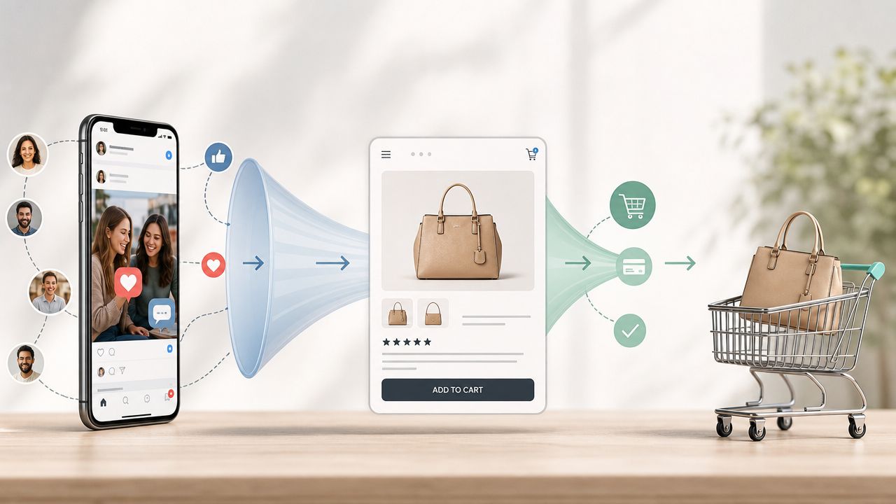 A marketing funnel diagram showing social media engagement converting into an e-commerce product purchase.