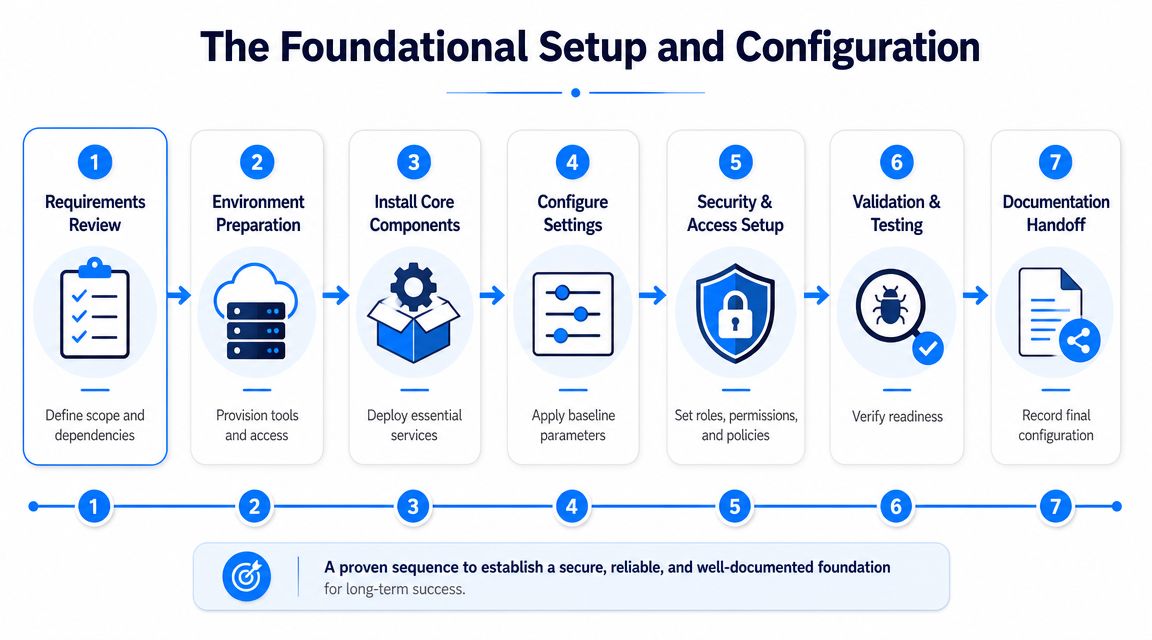 A seven-step flowchart illustrating the foundational setup and configuration process for technical project deployment.