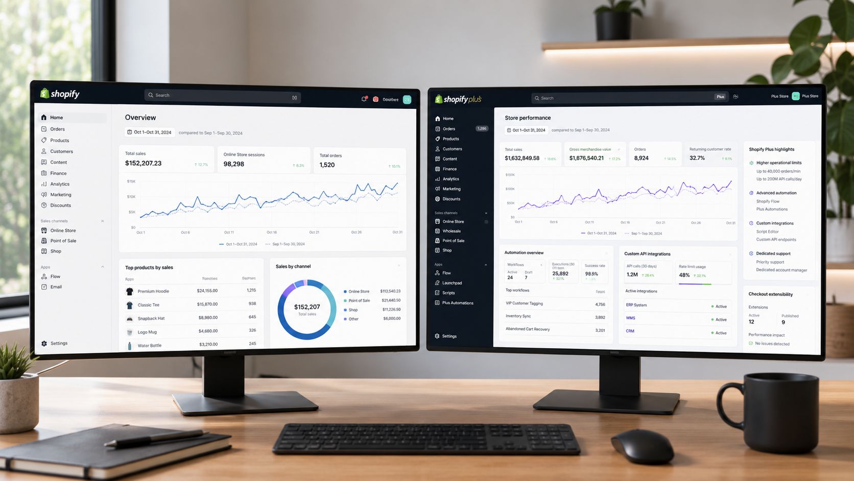 Dual computer monitors showing Shopify and Shopify Plus dashboard interfaces on a clean wooden office desk setup.