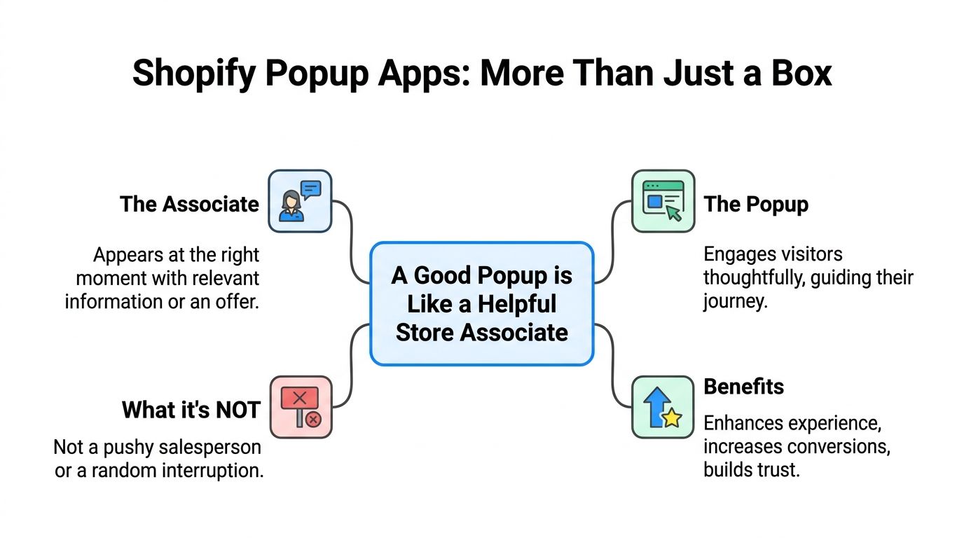 A diagram explaining how Shopify popup apps function like helpful store associates to improve user experience.