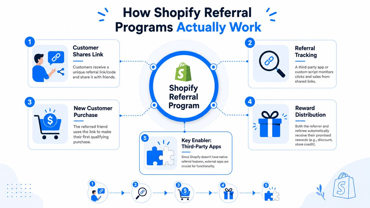 A diagram illustrating the five steps of how Shopify referral programs work, from sharing links to rewards.