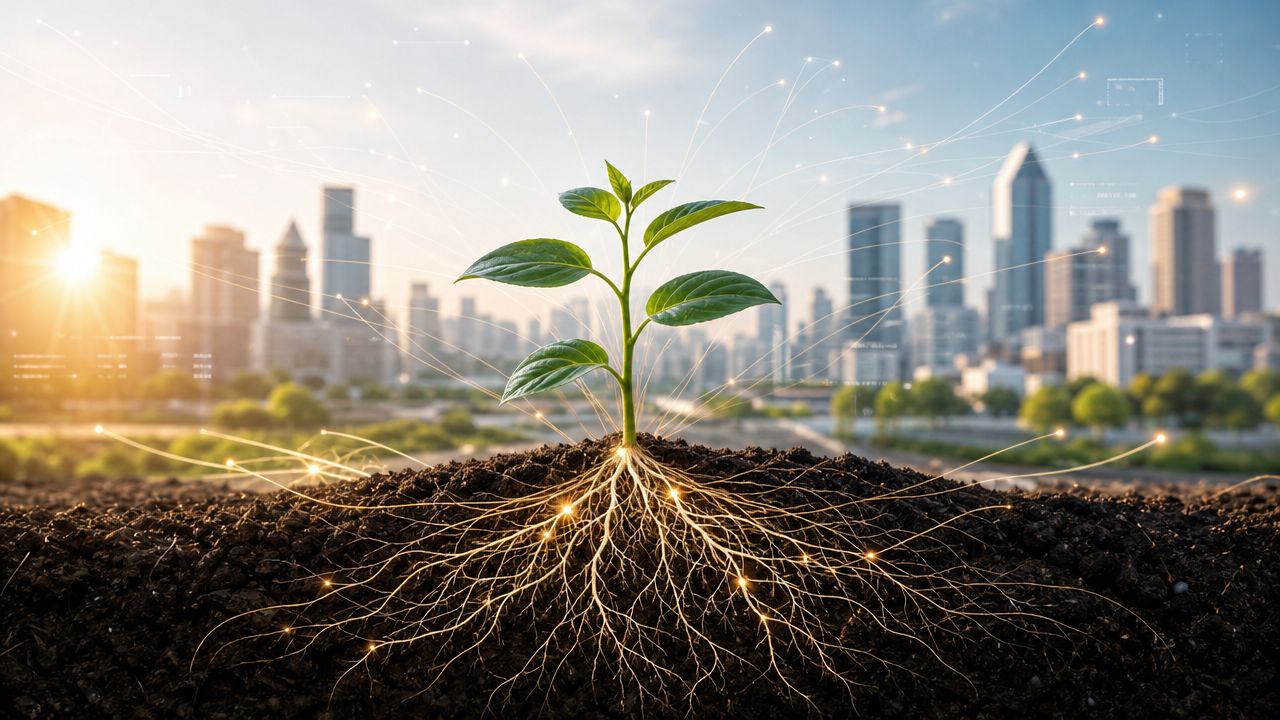 A small green seedling growing from dark soil with glowing digital roots connecting to a city skyline.