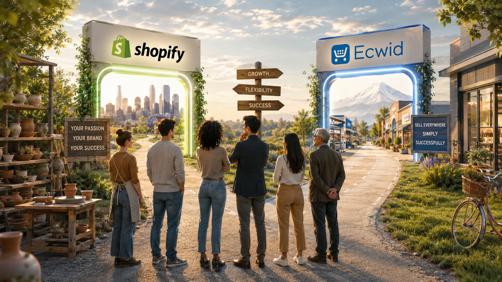 A diverse group of business owners deciding between Shopify and Ecwid, standing before a directional sign.