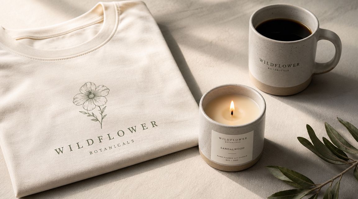 Branded Wildflower Botanicals t-shirt, candle, and coffee mug arranged on a textured neutral tabletop background.