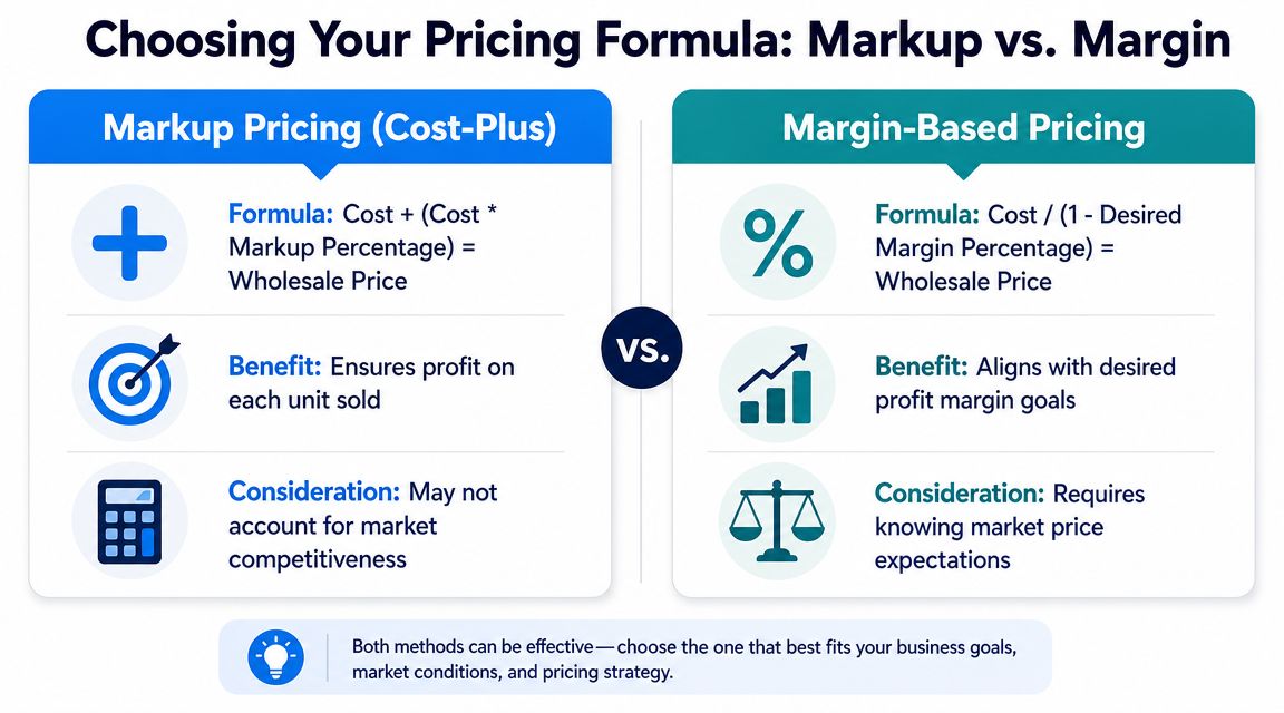 A comparison infographic between markup pricing and margin-based pricing formulas for calculating wholesale prices.